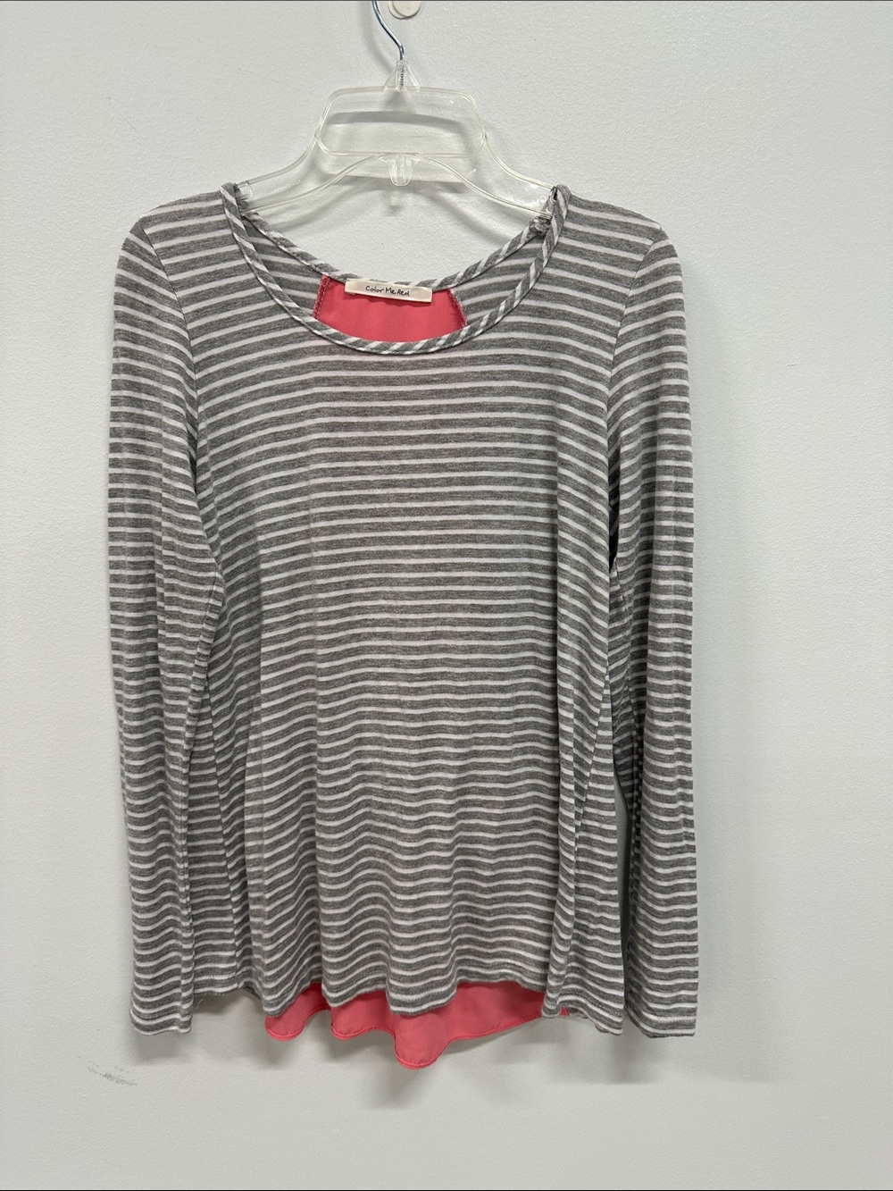 Women’s Gray & White Striped Long-Sleeve Tee with Coral Accent